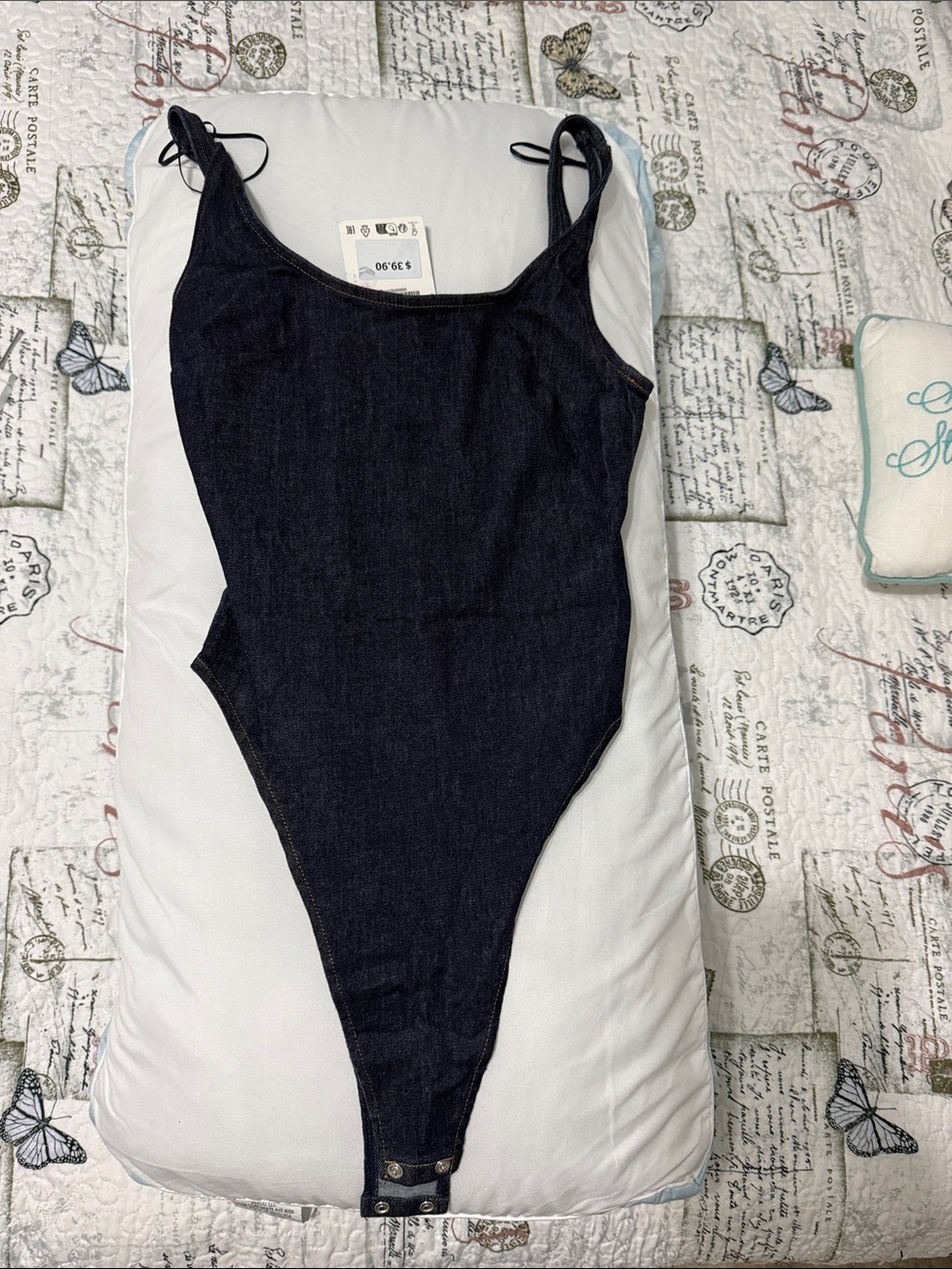 Zara Dark Denim Blue Scoop Neck Bodysuit size small triangle.